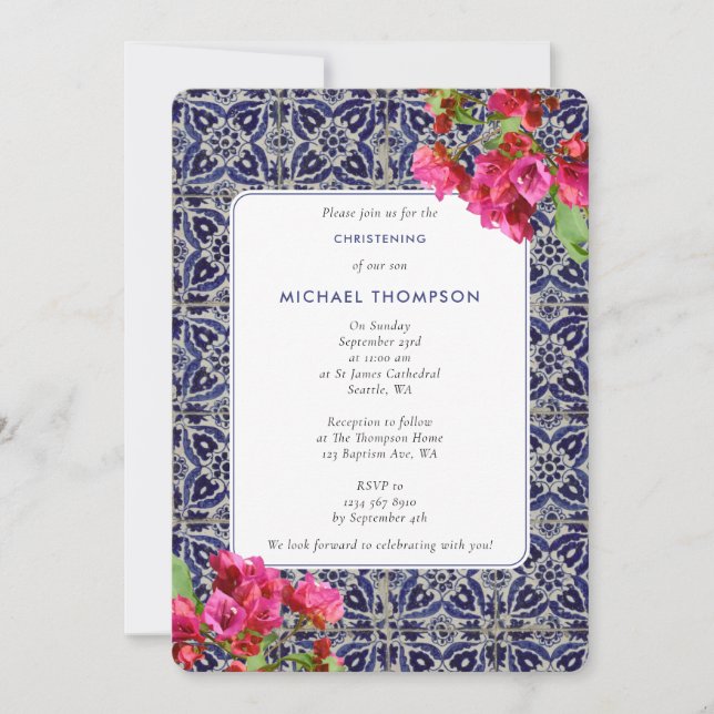 Invitación Baldosas azules Mediterráneo Bougainvillea Baptism (Anverso)