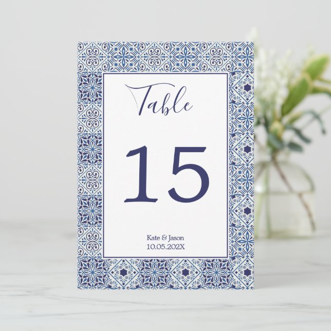 Invitación Baldosas azules Número de tabla boda personalizado (Anverso de pie)