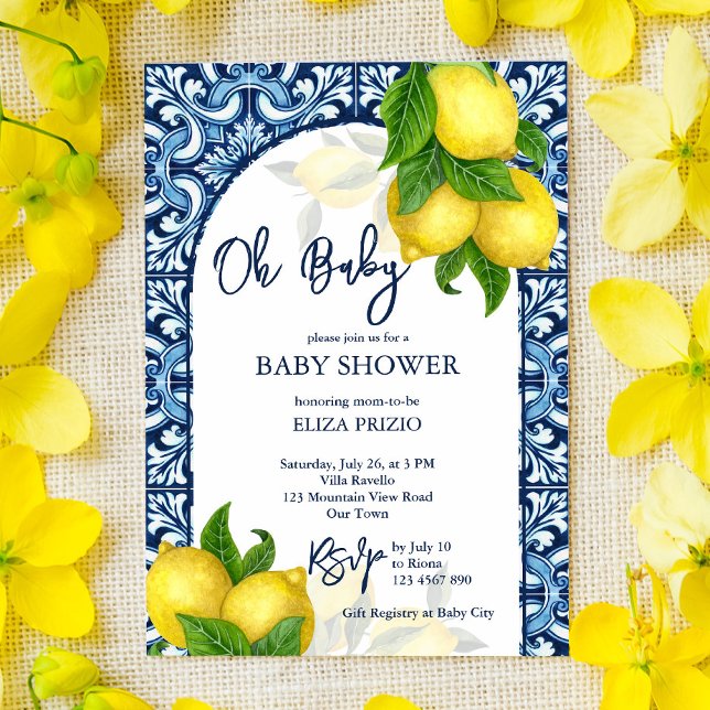 Invitación Baldosas azules y limón Amalfi Positano ducha de b (Subido por el creador)
