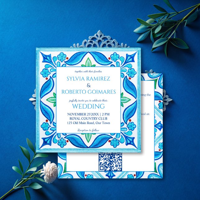 Invitación Baldosas de Aqua Blue Talavera en un solo boda (Aqua Blue Talavera tiles all in one wedding Invitations with RSVP vintage Mexican wedding cards)