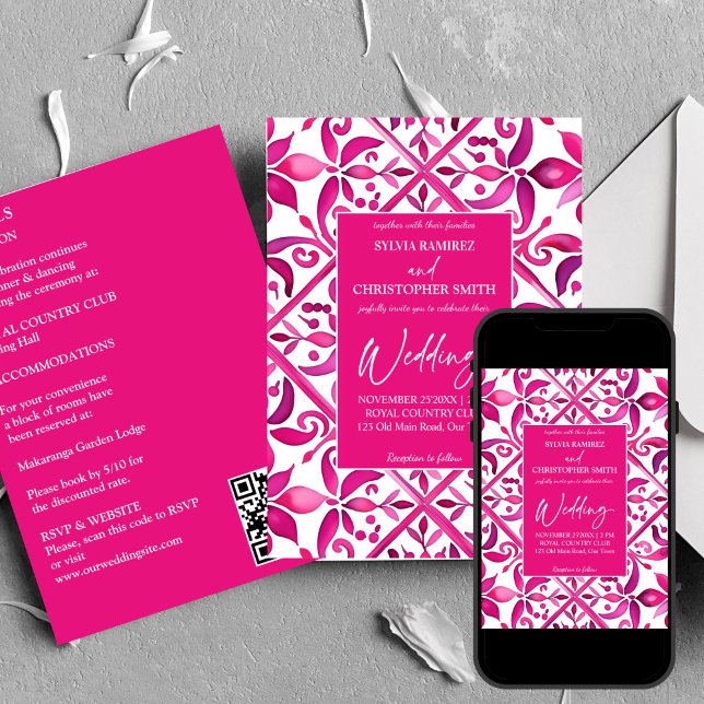 Invitación Baldosas de color negro magenta español en un solo (Hot pink magenta Spanish Talavera tiles all in one wedding Invitation template digital download)