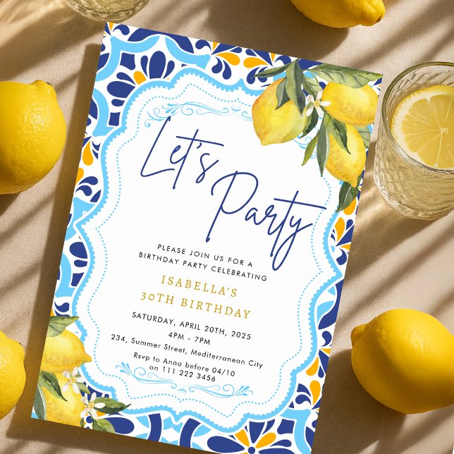 Invitación Baldosas de mallica mediterránea Lemons Birday Par (Mediterranean Majolica Tiles Lemons Birthday Party Invitation)