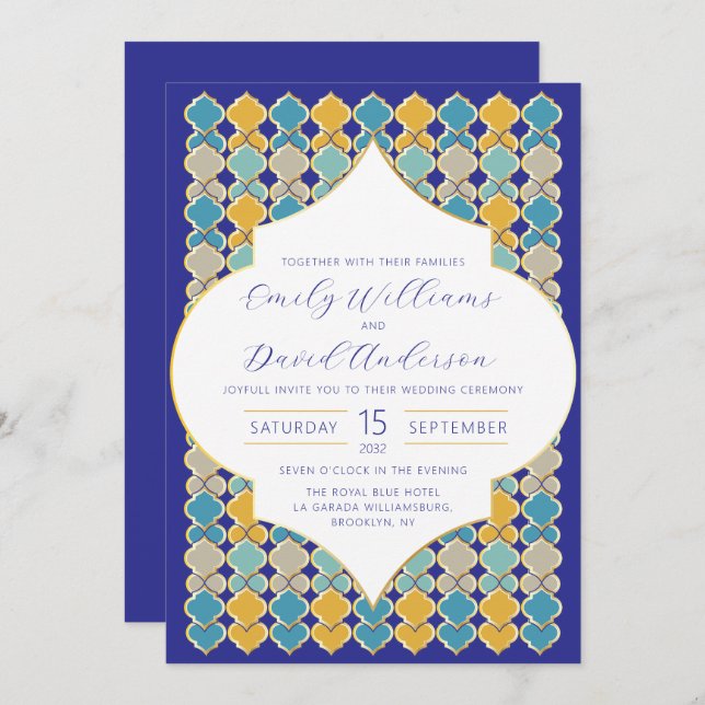 Invitación Baldosas marroquíes azul real dorado QR Código (Anverso / Reverso)