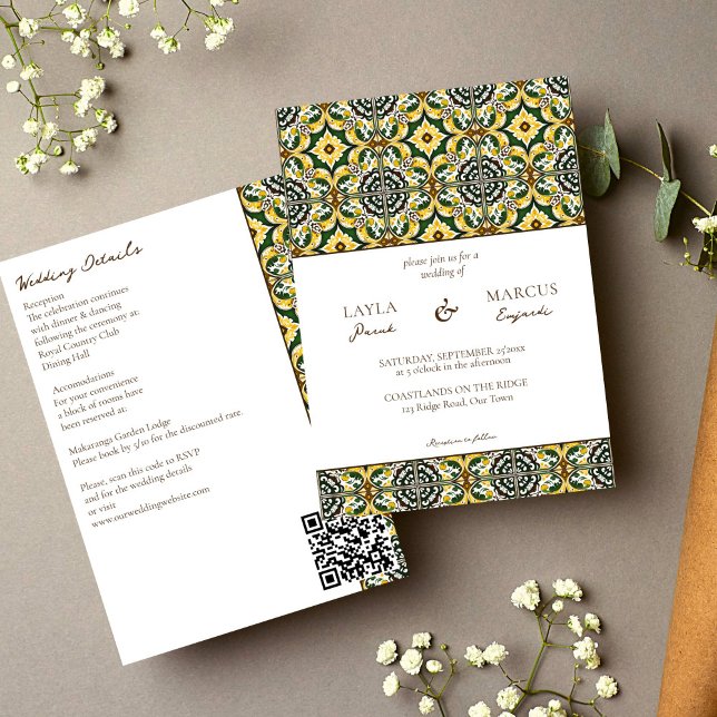 Invitación Baldosas mediterráneas amarillas verdes en un solo (Green yellow Portuguese Mediterranean ornate folk tile all in one wedding Invitation template)