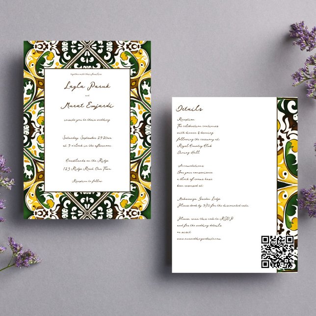 Invitación Baldosas mediterráneas amarillas verdes en un solo (Green yellow Portuguese  Mediterranean folk ornament tile boho all in one wedding Invite template)