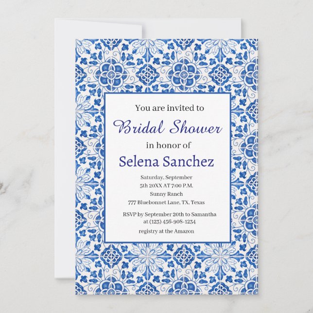 Invitación Baldosas portuguesas Floral Blue Bridal Shower (Anverso)