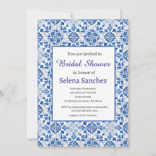 Invitación Baldosas portuguesas Floral Blue Bridal Shower