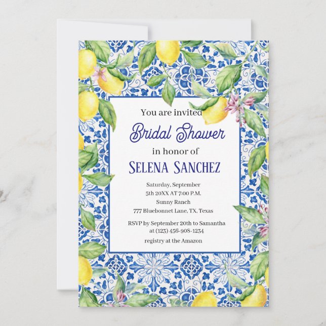 Invitación Baldosas portuguesas Lemons Watercolor Bridal Show (Anverso)