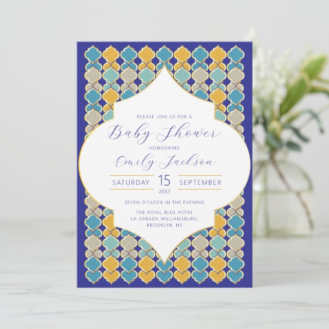 Invitación Baldosas reales azul dorado (Anverso de pie)