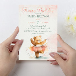 Invitación Balerín de oso pequeño acuarela rosa Cumpleaños