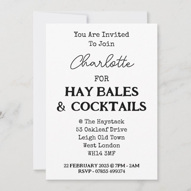 Invitación Bales De Hay Y Cócteles Elegante Fiesta De Bachelo (Anverso)