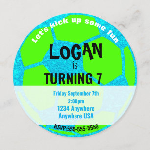 Invitación Ball azul Neon Glow, cumpleaños, fiesta de fútbol