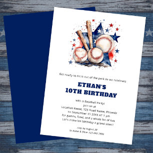 Invitación Ball Bats Stars Niños Béisbol Cumpleaños Rojo Azul