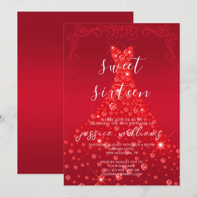 Invitación Ball de la Secuencia Roja Gown y Swirls Sweet 16 C (Anverso / Reverso)