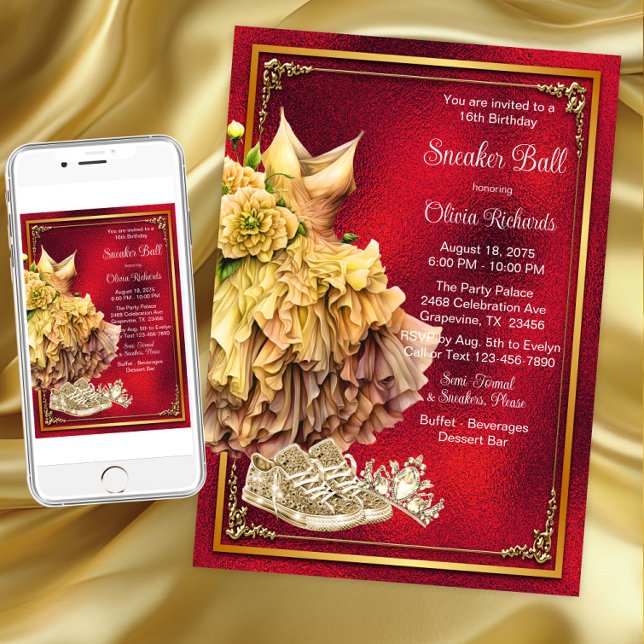 Invitación Ball de Sneaker Gold Rojo (Red gold sneaker ball invitation. Instant download and printed invitations available.)