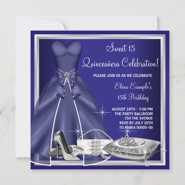 Invitación Ball Gown High Heels Royal Blue Quinceanera (Anverso)