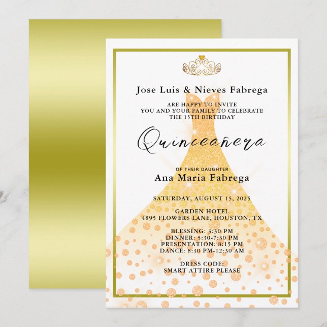 Invitación Ball Gown, Purpurina de oro, cumpleaños de Tiara Q (Anverso / Reverso)