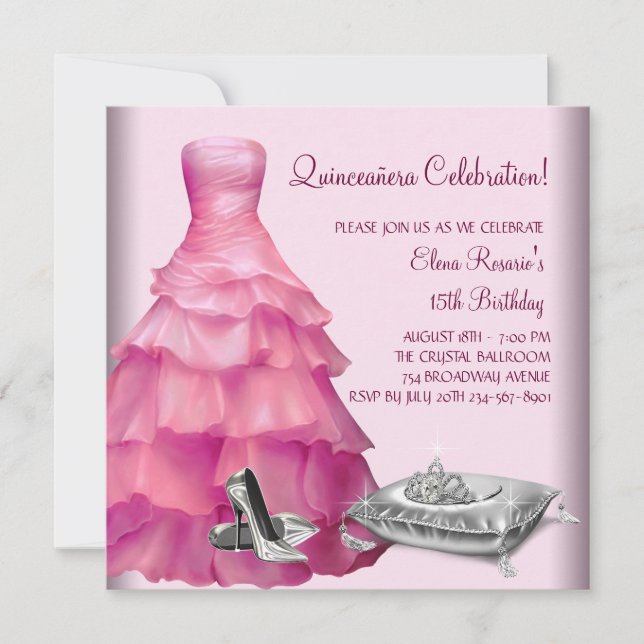 Invitación Ball rosa bata zapatos de tacón alto rosado Quince (Anverso)
