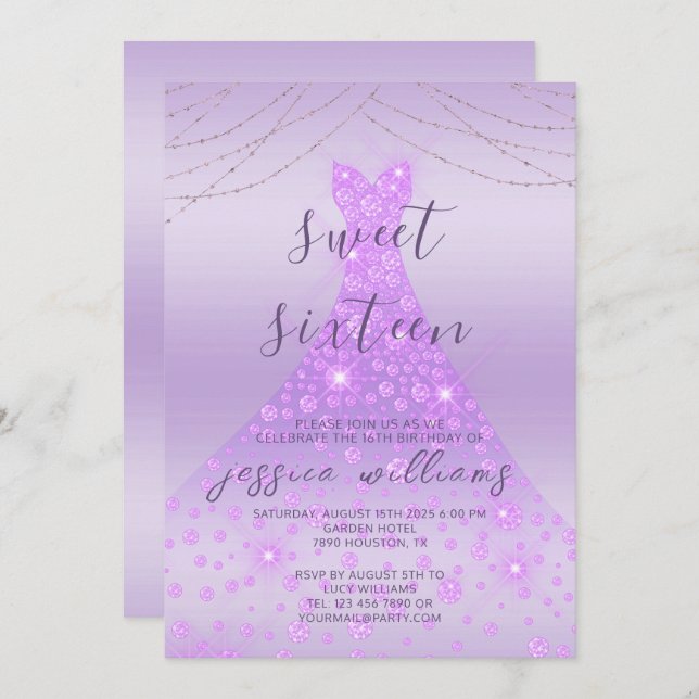Invitación Ball secuencial Lilac Gown & Lights Sweet 16 Cumpl (Anverso / Reverso)
