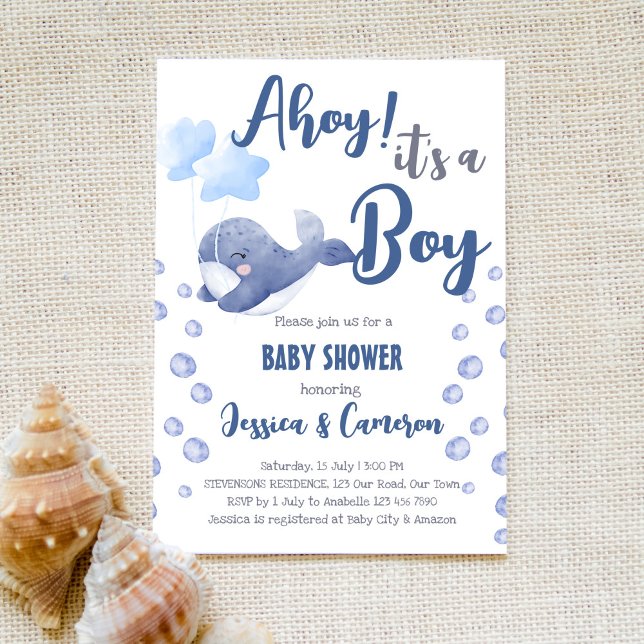 Invitación Ballena azul ahoy es un niño naútico ducha de bebé (Subido por el creador)