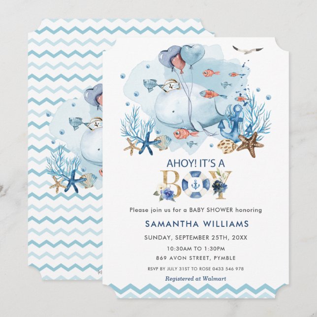 Invitación Ballena azul náutica Ahoy es un niño Baby Shower (Anverso / Reverso)