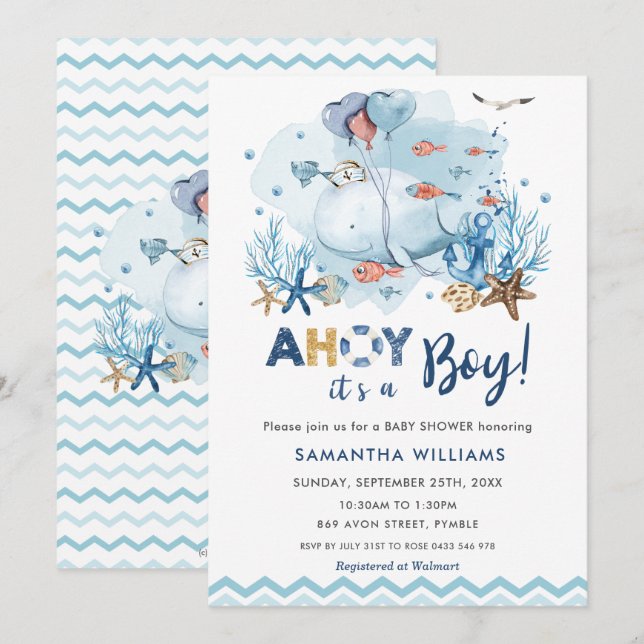 Invitación Ballena azul náutica Ahoy es un niño Baby Shower (Anverso / Reverso)