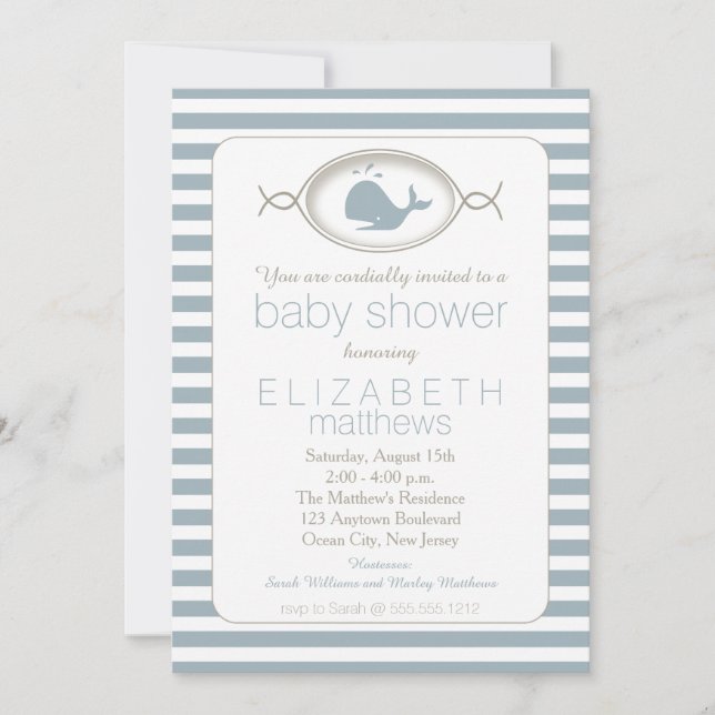 Invitación Ballena azul náutica estriada Baby Shower I (Anverso)