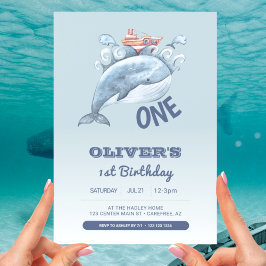 Invitación Ballena azul Un niño Primer cumpleaños
