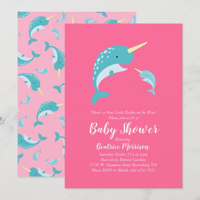 Invitación Ballena Chica rosa de Narwhal Baby Shower (Anverso / Reverso)