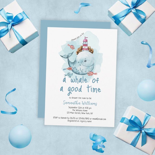 Invitación Ballena Cuidada De Un Niño De Buenos Tiempos Baby  (Cute Whale Of A Good Time Boy Baby Shower Invitation
)