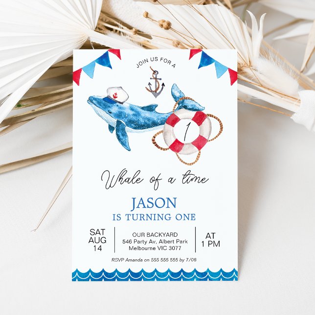 Invitación Ballena de niños rojos azules de un primer cumplea (Whale Themed 1st Birthday Invitation, Whale of a Time Birthday Invitation Baby Boy, Nautical Invite)