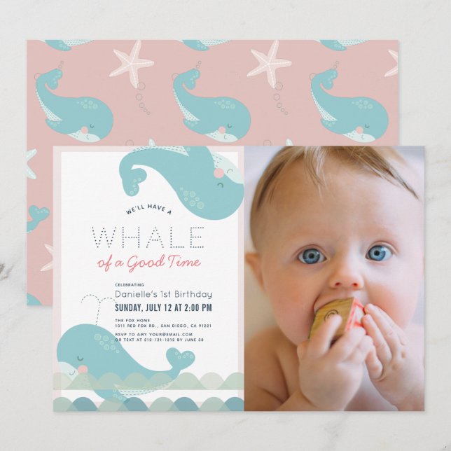 Invitación Ballena de un buen momento Chica rosa foto de prim (Anverso / Reverso)