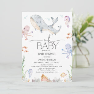 Invitación Ballena gris moderna Oh Baby Under Sea Baby Shower