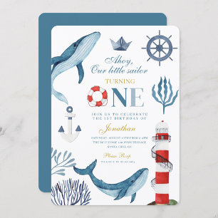 Invitación Ballena Marinera Acuarela Mar Cumpleaños 1