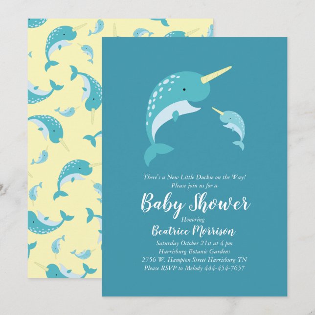 Invitación Ballena neutra de género amarillo de Narwhal Baby  (Anverso / Reverso)