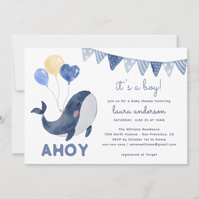 Invitación Ballenas acuáticas hoy es un niño Baby Shower (Anverso)