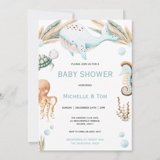 Invitación Ballenas bajo el agua del mar Baby Shower (Anverso)