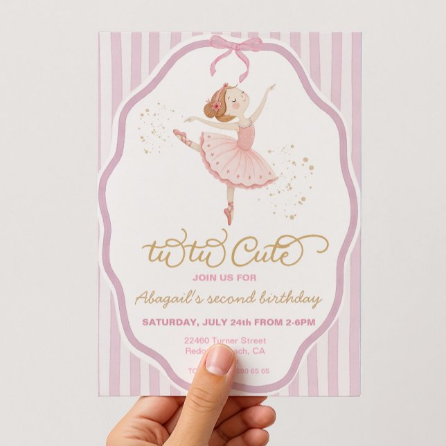 Invitación Ballerina 2º cumpleaños pinstripe tutú lindo (ballerina tu-tu cute birthday invitation with watercolor background)