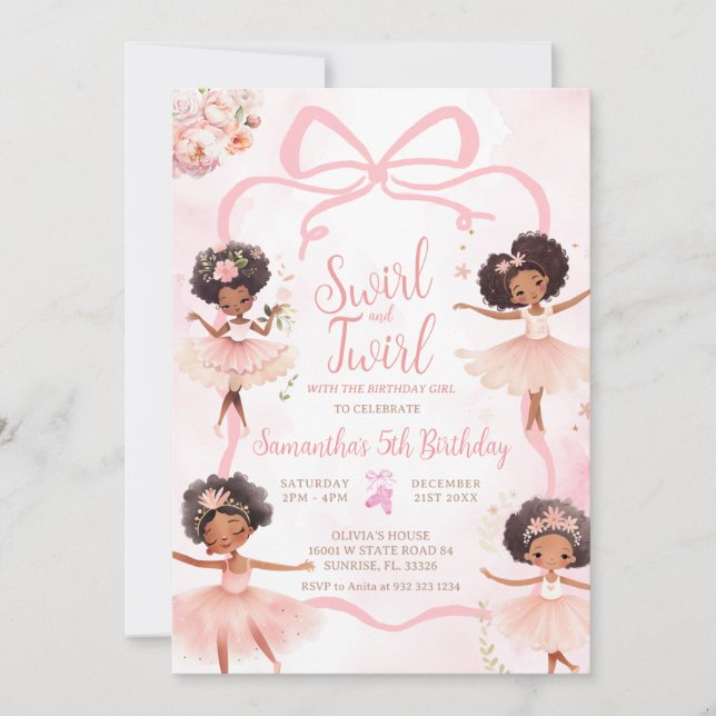 Invitación Ballerina afroamericana Tutu Pink Bow Cumpleaños (Anverso)