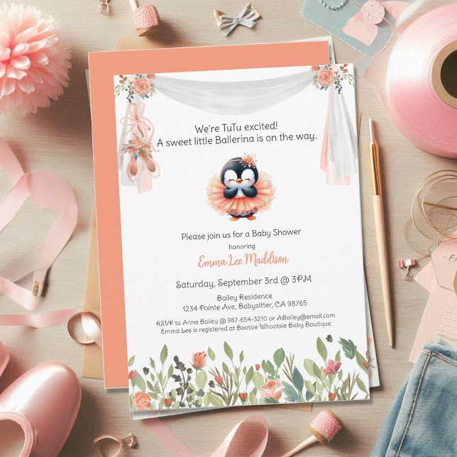 Invitación Ballerina Baby Girl Shower Tutu Emocionante Pingüi (Subido por el creador)