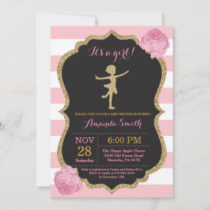 Invitación Ballerina Baby Shower Purpurina Rosa y Oro