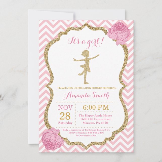 Invitación Ballerina Baby Shower Purpurina Rosa y Oro (Anverso)