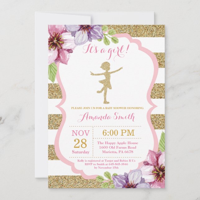 Invitación Ballerina Baby Shower Purpurina Rosa y Oro (Anverso)