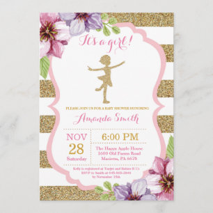 Invitación Ballerina Baby Shower Purpurina Rosa y Oro