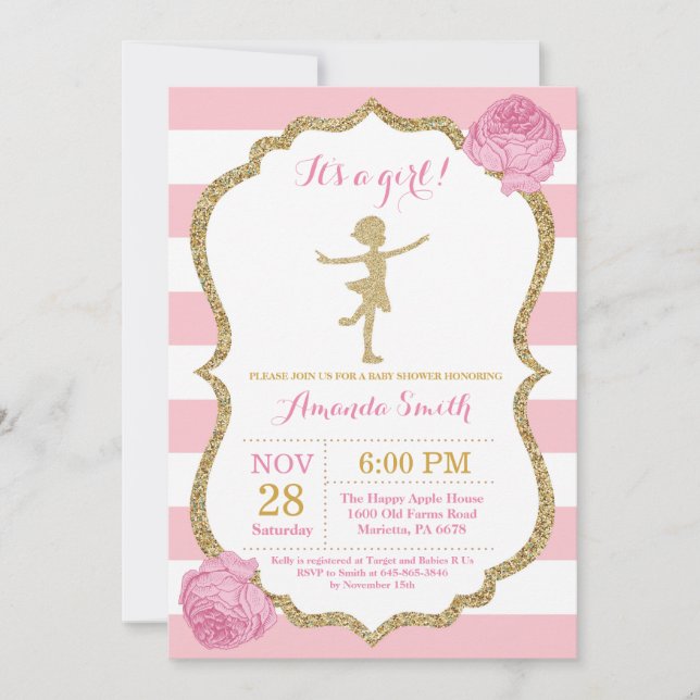 Invitación Ballerina Baby Shower Purpurina Rosa y Oro (Anverso)