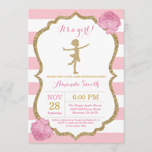 Invitación Ballerina Baby Shower Purpurina Rosa y Oro