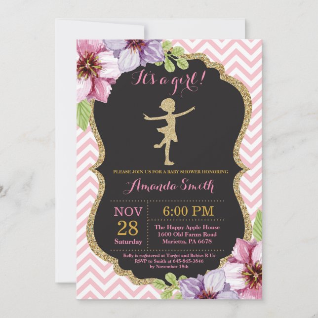 Invitación Ballerina Baby Shower Purpurina Rosa y Oro (Anverso)