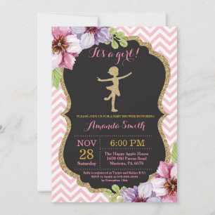 Invitación Ballerina Baby Shower Purpurina Rosa y Oro
