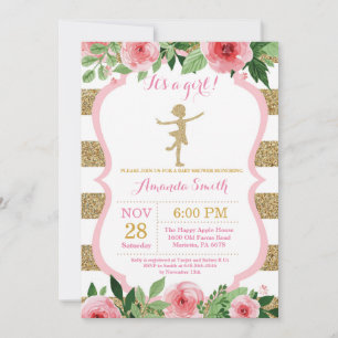 Invitación Ballerina Baby Shower Purpurina Rosa y Oro