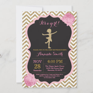 Invitación Ballerina Baby Shower Purpurina Rosa y Oro
